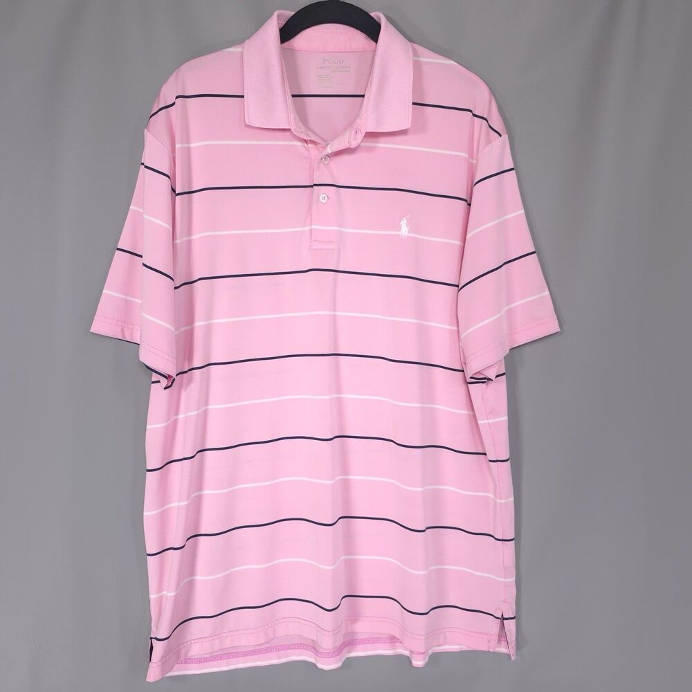 POLO RALPH LAUREN Men’s LARGE Polo‎ Shirt PERFORMANCE Striped Pink Stretch Golf